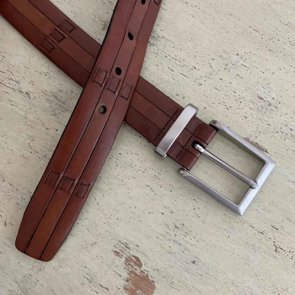 Mezlan‎ Made in Spain Woven Strips Leather Belt in Cognac Brown Size 42